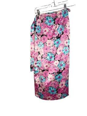 Wayf Satiny Pink and Blue Floral Wrap Midi Skirt Size XS VGC
